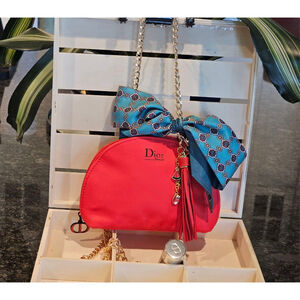 Christian Dior Red Clutch w/Crossbody Chain, Charms & Twilly Added NWOT + brush